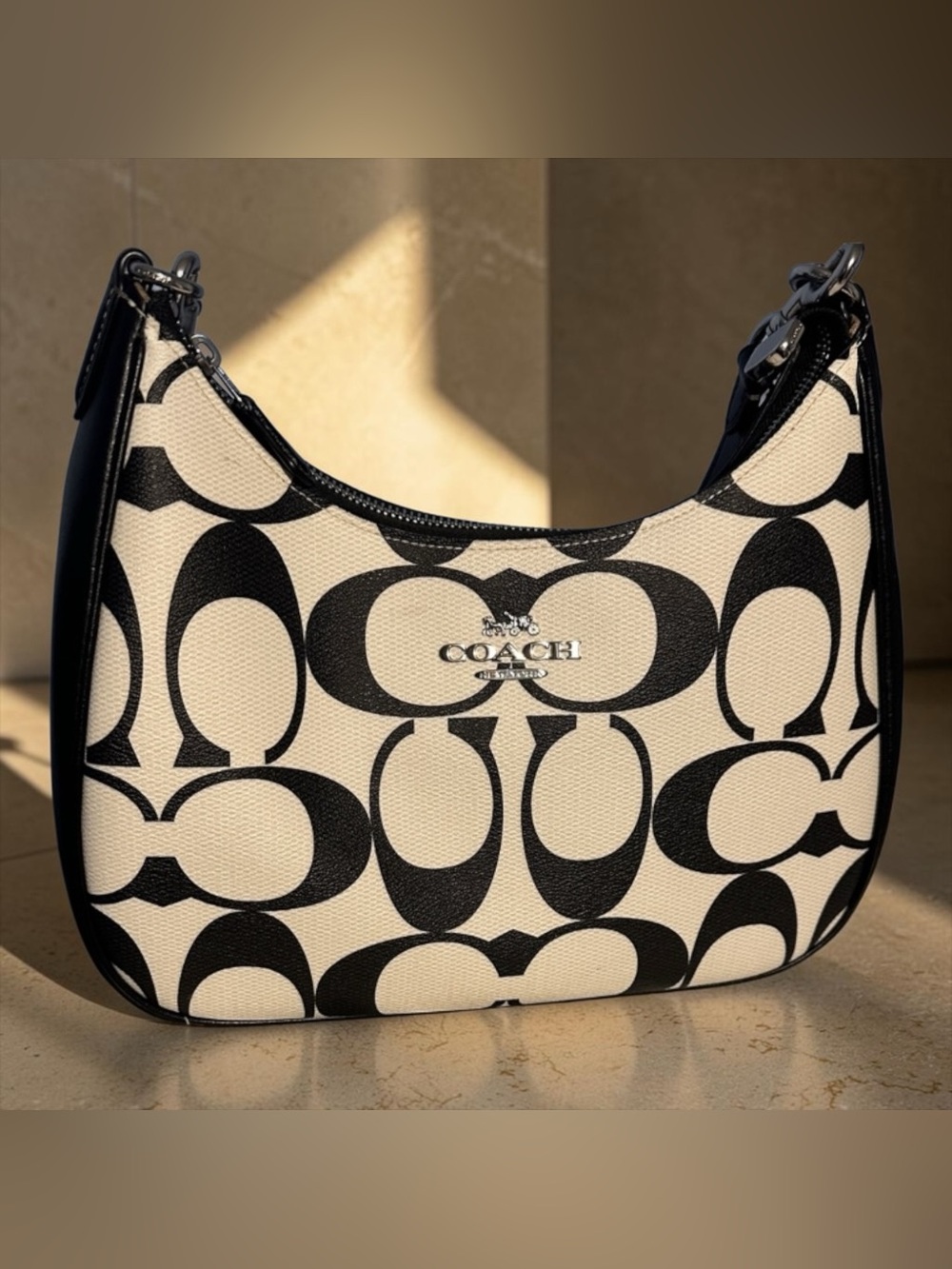 Coach Signature Canvas Hobo Bag in Black & White